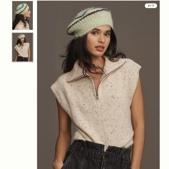 ? By Anthropologie Green Wool Blend Graphic Knit Beret NWT